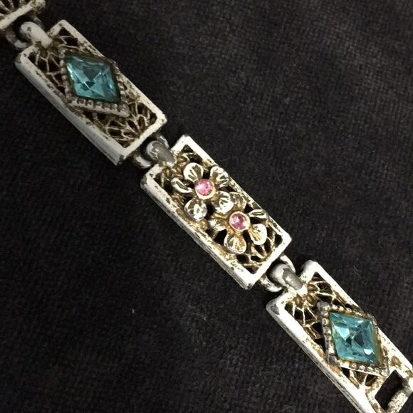 Vintage Bracelet, Raised Flowers, White Wash Distressed Style with Rhinestones - Picture 6 of 9